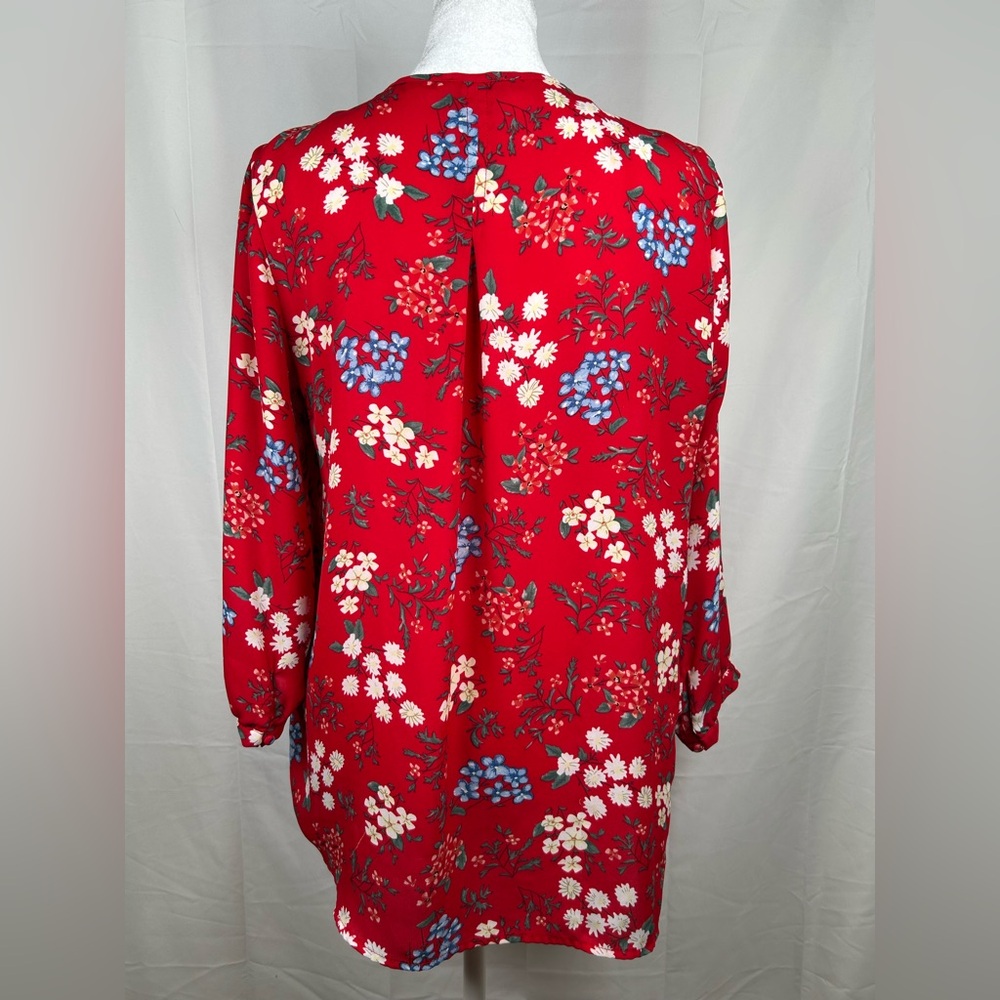 Kenar Red Floral Pleated Front Blouse Women’s Medium Tie Neck Button Up - Picture 4 of 8